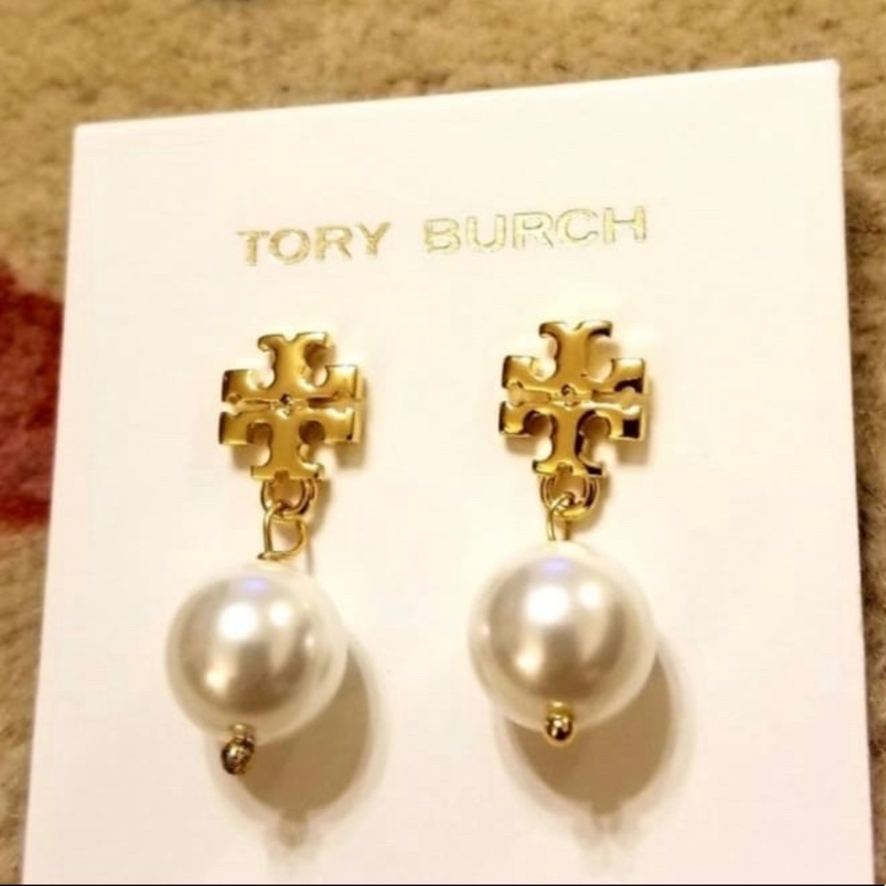 COPY - tory burch logo pearl dangling earrings